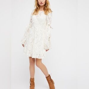 Free People Ruby Cream Cottage Core Long Sleeve Lace Mini Dress, Size Medium